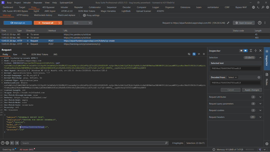 Burp Suite intercepted ticket creation request with customer parameter