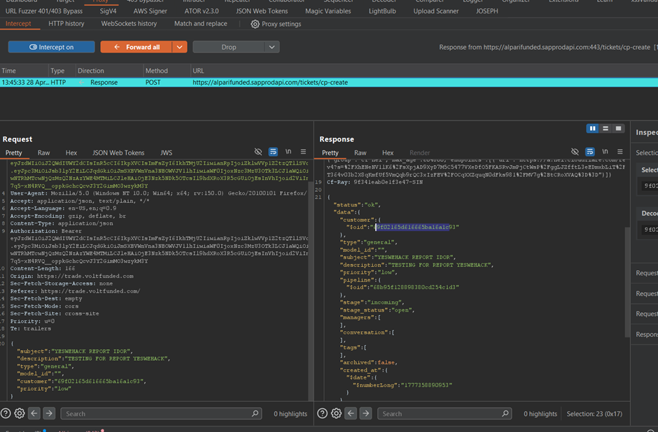 Burp Suite request and response showing successful IDOR exploitation