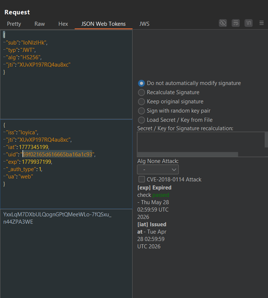 JWT token decoded showing uid mismatch with customer parameter