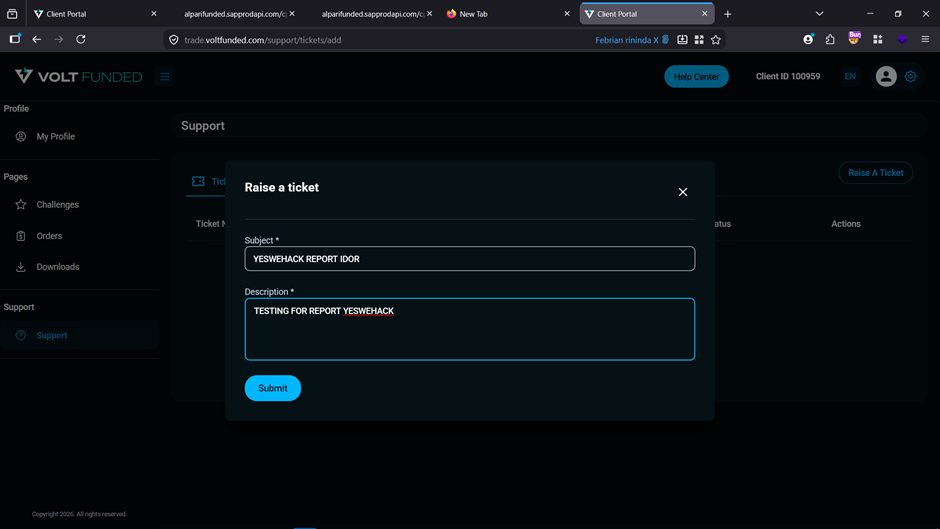 VoltFunded raise a ticket form interface