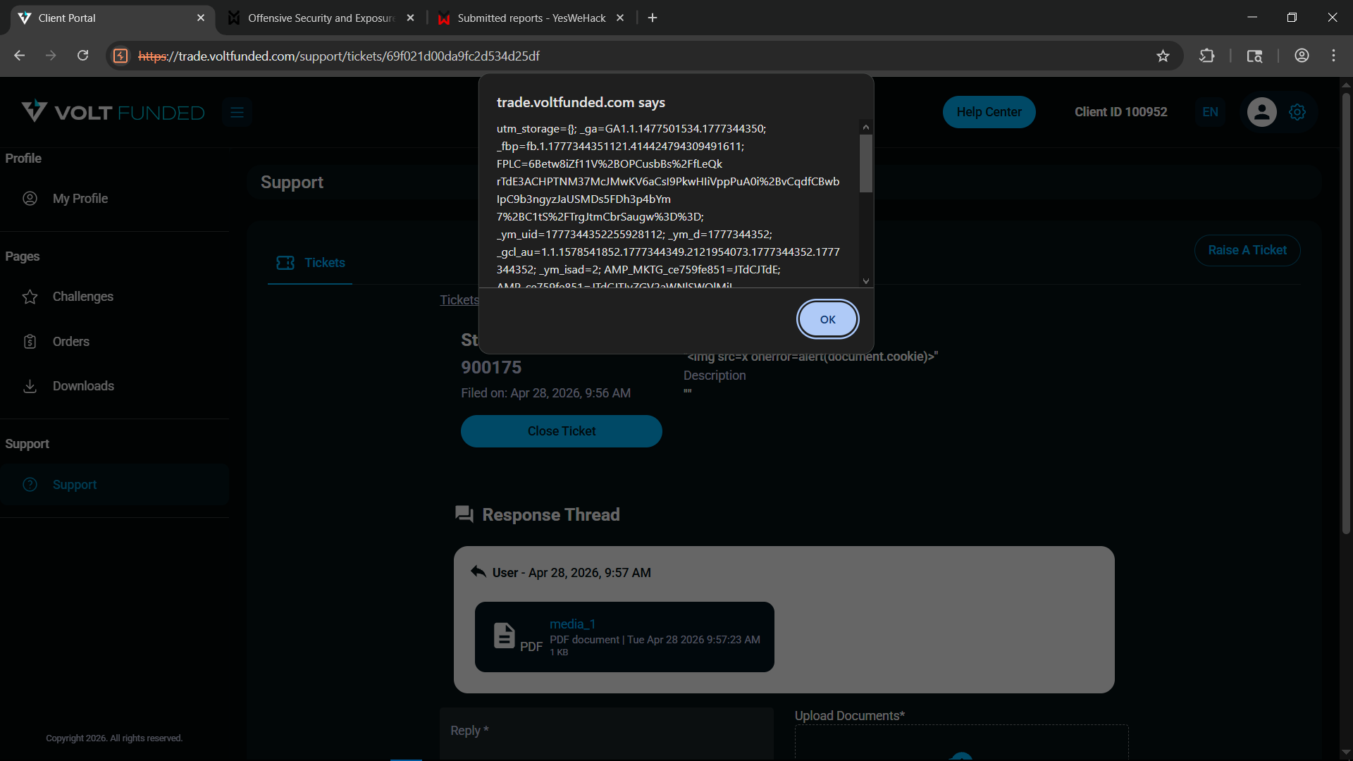 XSS alert popup showing document.cookie on VoltFunded support ticket